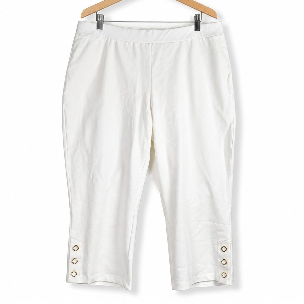 Susan Graver Crop Pant Womens XL Petite White Stretch Clover Button A477099